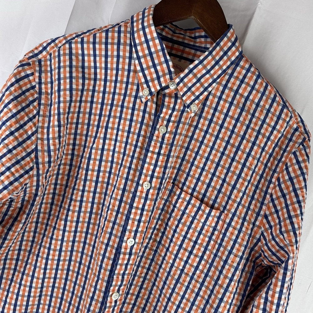 Brooks Brothers Men's Large Shirt Seersucker Orange Blue White Stripe Red Fleece